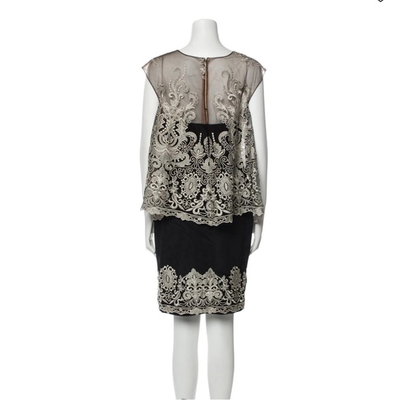 Marchesa 100% Silk Lace Pattern Shift Dress Black Gold Womens 2 Short Cap Sleeve - Picture 3 of 12